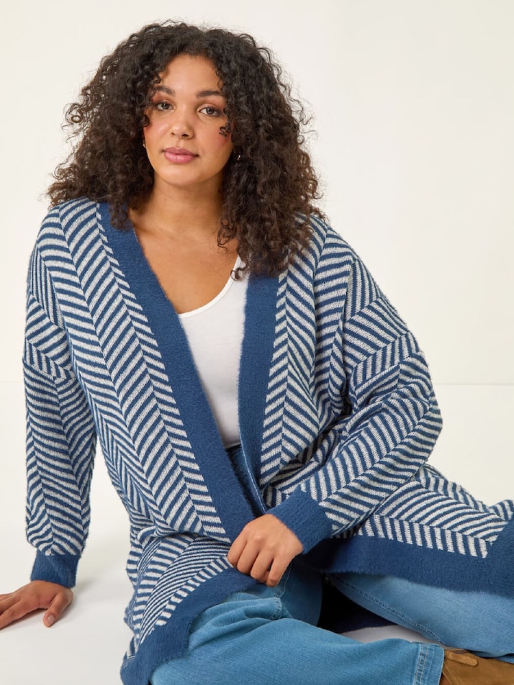 Roman Blue Curve Chevron Fluffy Knit Cardigan - Image 1 of 5 Roman Blue Curve Chevron Fluffy Knit Cardigan - Image 1 of 5