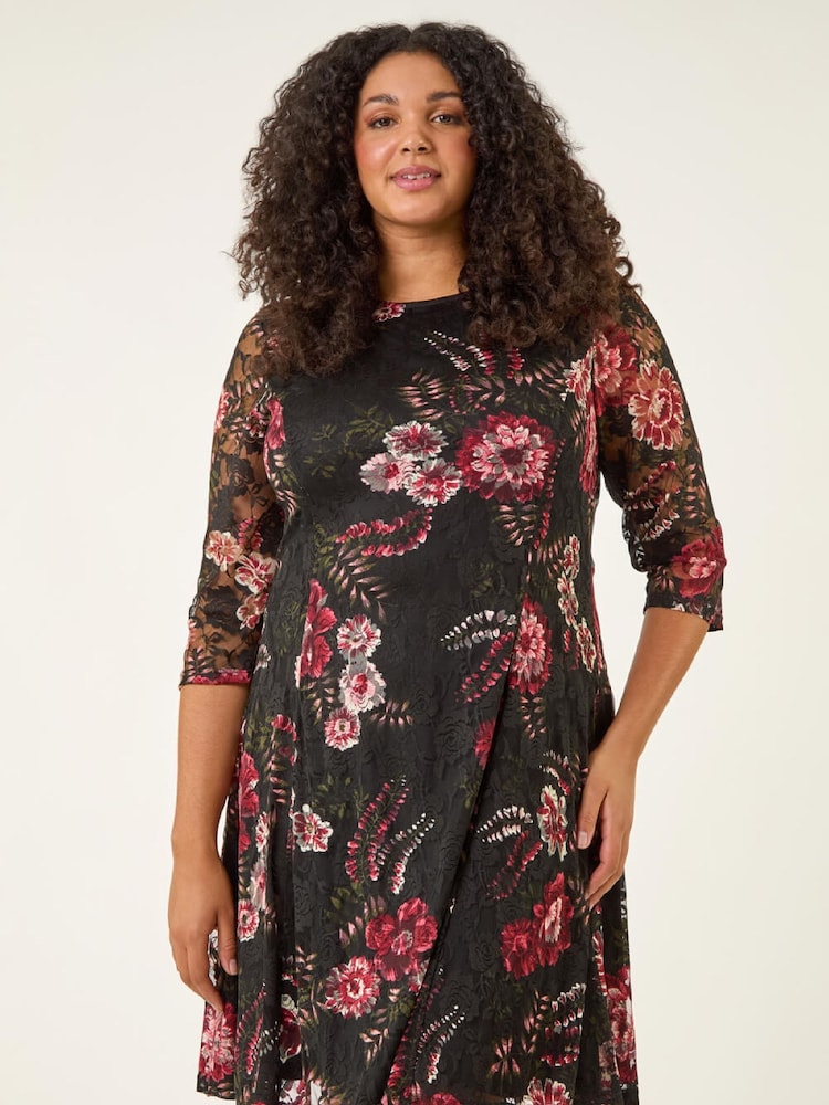 Roman Red Curve Floral Print Lace Dress - Image 2 of 5
