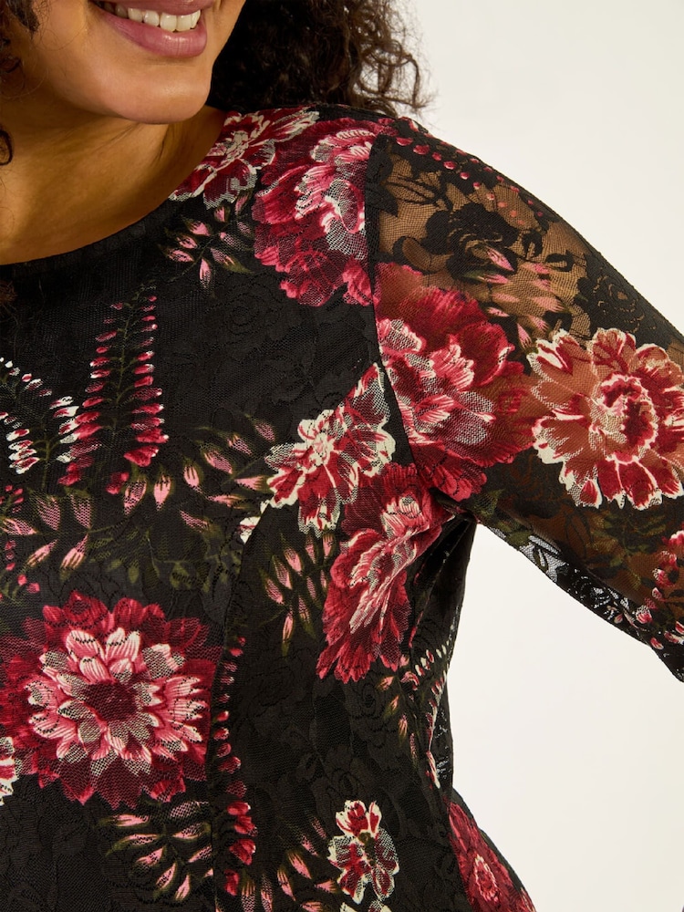 Roman Red Curve Floral Print Lace Dress - Image 5 of 5