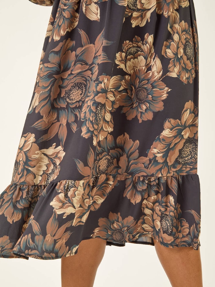 Roman Brown Curve Floral Print Midi Dress - Image 5 of 5