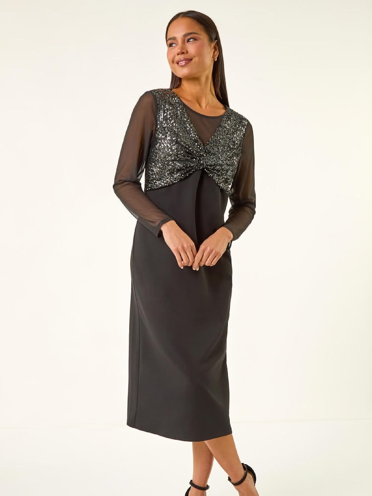 Roman Black Petite Sequin Contrast Knot Midi Dress - Image 2 of 5 Roman Black Petite Sequin Contrast Knot Midi Dress - Image 2 of 5