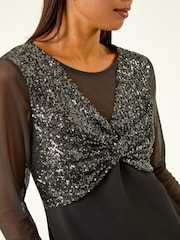 Roman Black Petite Sequin Contrast Knot Midi Dress - Image 5 of 5