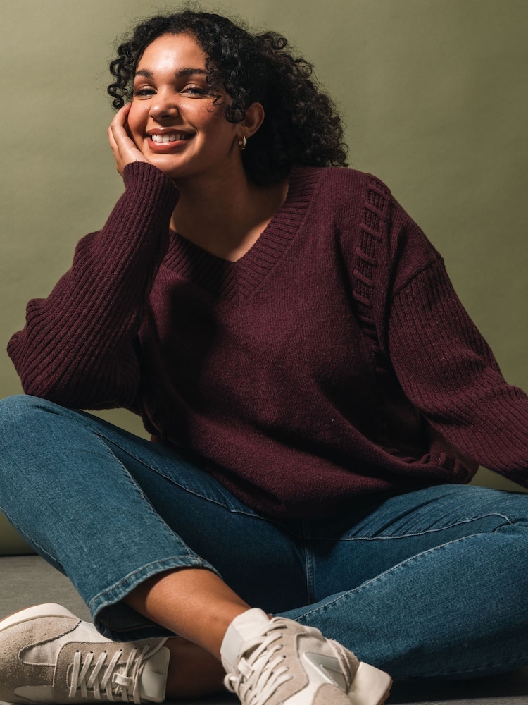 Roman Purple Curve Stitch V-Neck Knit Jumper - Image 1 of 6 Roman Purple Curve Stitch V-Neck Knit Jumper - Image 1 of 6