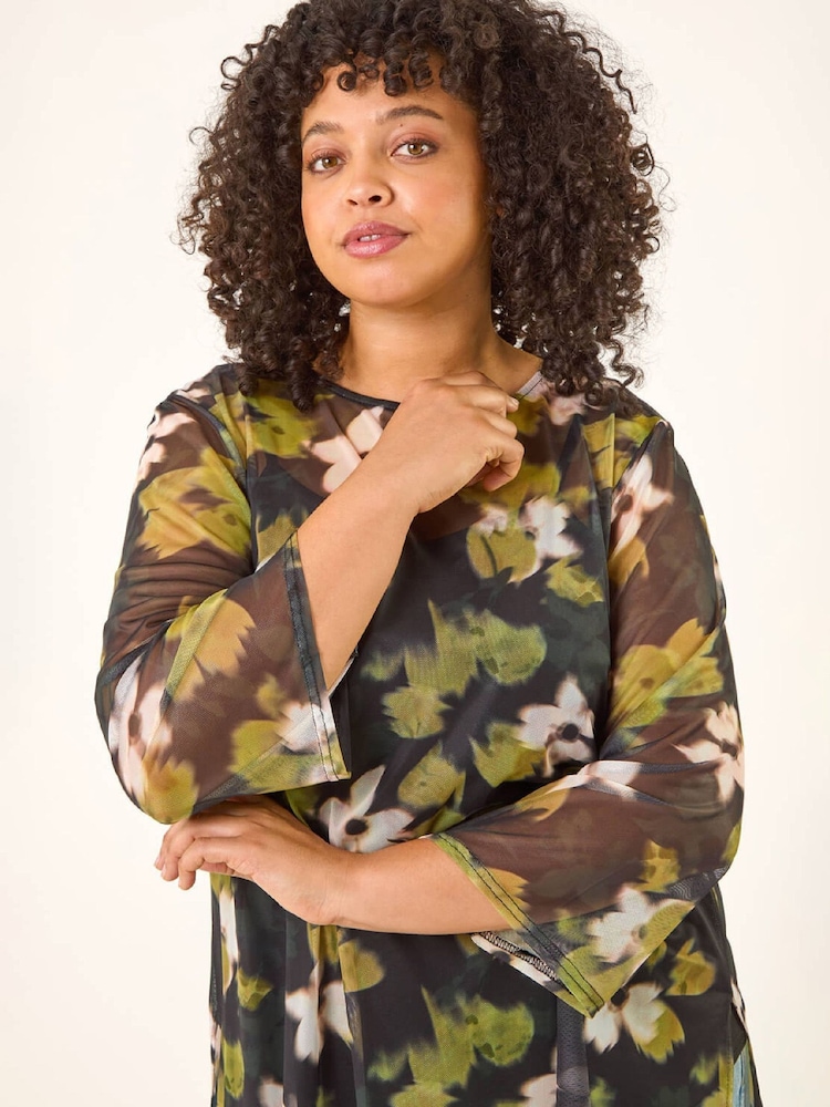 Roman Green Curve Floral Print Mesh Tunic Top - Image 1 of 5 Roman Green Curve Floral Print Mesh Tunic Top - Image 1 of 5