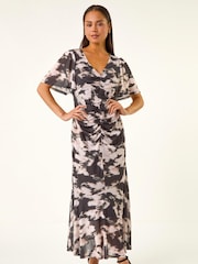 Roman Black Petite Printed Mesh Ruched Midi Dress - Image 2 of 5
