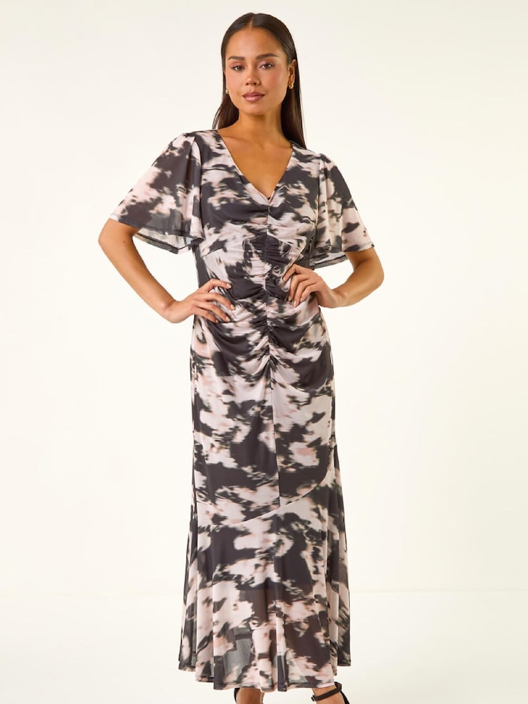 Roman Black Petite Printed Mesh Ruched Midi Dress - Image 2 of 5 Roman Black Petite Printed Mesh Ruched Midi Dress - Image 2 of 5