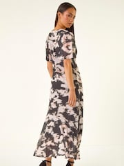Roman Black Petite Printed Mesh Ruched Midi Dress - Image 3 of 5