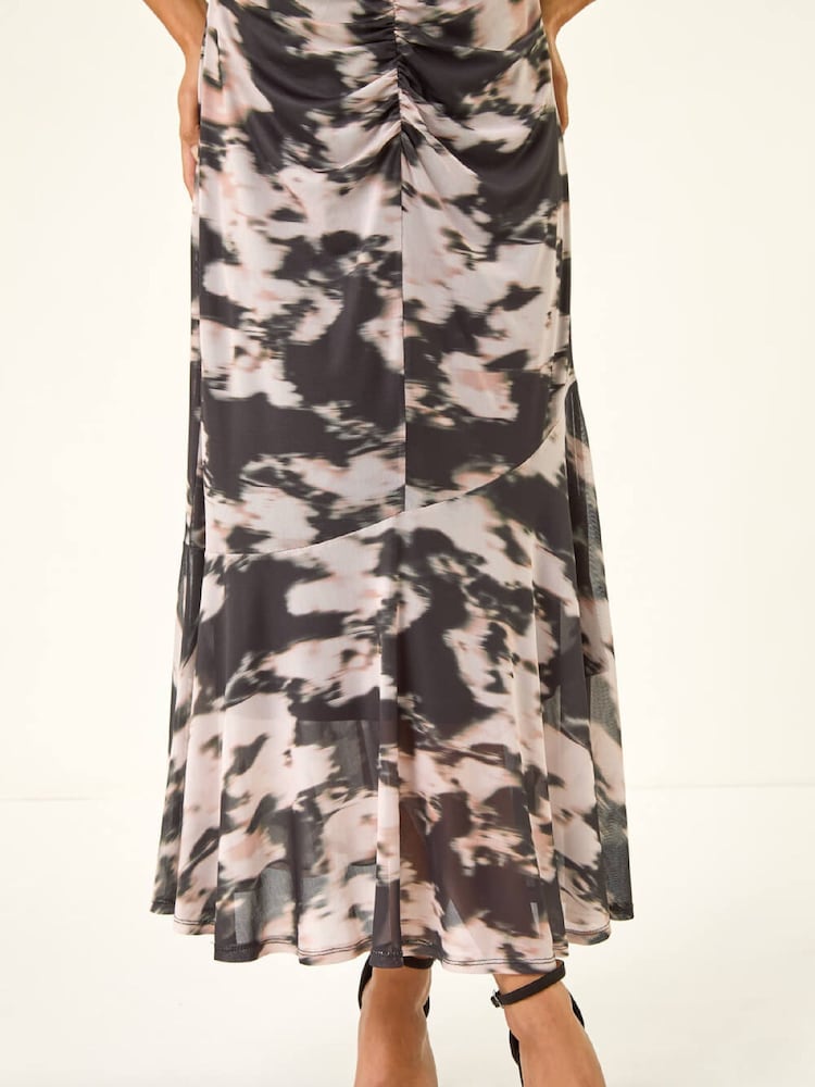 Roman Black Petite Printed Mesh Ruched Midi Dress - Image 5 of 5 Roman Black Petite Printed Mesh Ruched Midi Dress - Image 5 of 5