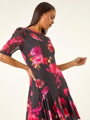 Roman Black Petite Floral Print Mesh Stretch Dress - Image 1 of 5