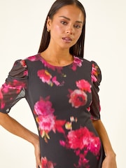 Roman Black Petite Floral Print Mesh Stretch Dress - Image 4 of 5