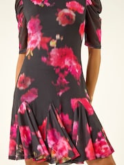 Roman Black Petite Floral Print Mesh Stretch Dress - Image 5 of 5