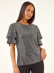 Roman Metallic Petite Sequin Flute Sleeve Blouse - Image 4 of 5