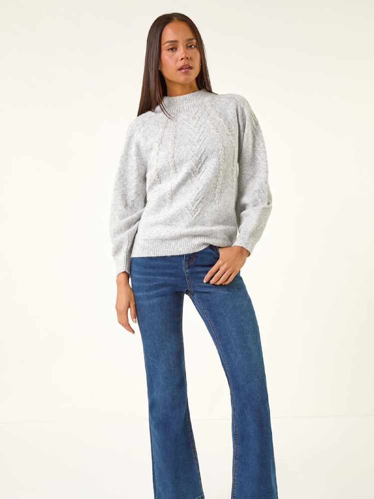 Roman Grey Petite Cable Knit Pearl Jumper - Image 2 of 5 Roman Grey Petite Cable Knit Pearl Jumper - Image 2 of 5