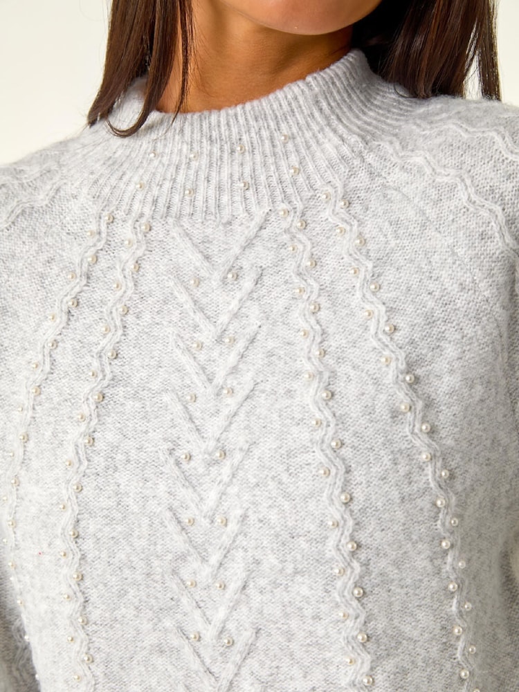 Roman Grey Petite Cable Knit Pearl Jumper - Image 5 of 5 Roman Grey Petite Cable Knit Pearl Jumper - Image 5 of 5
