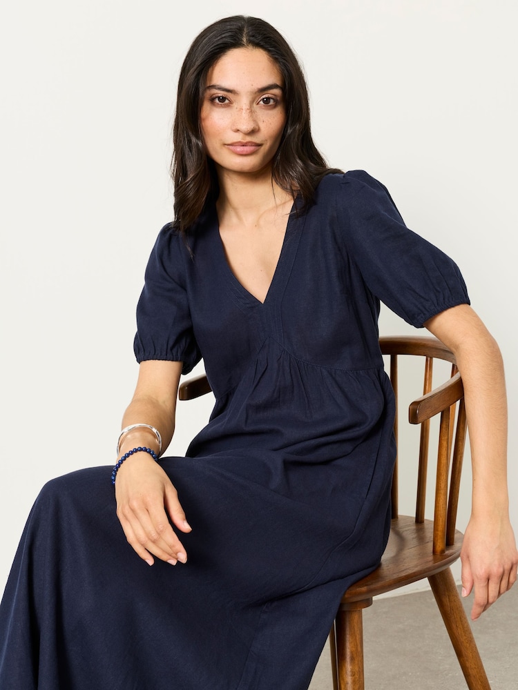 navy linen dress Blue Maxi Dress, Plus Size Kaftan Dress, Linen Maternity Dress, Summer Boho Abaya, Linen Empire Silhouette Dress, Trapeze Collared V neckline Royal Toscana Linen Dress in