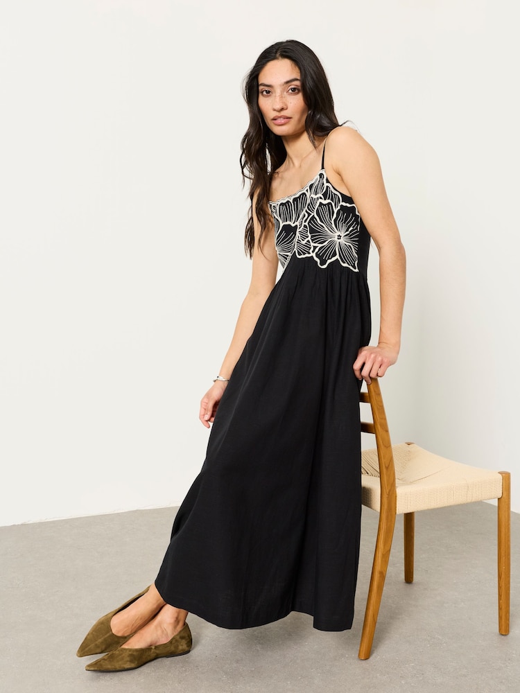 FatFace Hazel Black Petite Embroidered Midi Dress - Image 1 of 5 FatFace Hazel Black Petite Embroidered Midi Dress - Image 1 of 5