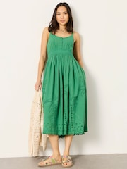 FatFace Teri Green Petite Embroidered Midi Dress - Image 1 of 6