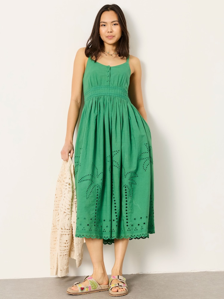 FatFace Teri Green Petite Embroidered Midi Dress - Image 1 of 6