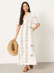 FatFace Solene Ivory Petite Embroidered Midi Dress - Image 1 of 7