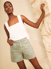 Love & Roses Khaki Green Gold Sun Embroidered Denim Shorts - Image 2 of 4