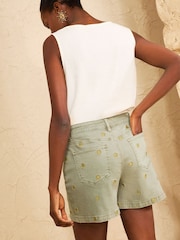 Love & Roses Khaki Green Gold Sun Embroidered Denim Shorts - Image 3 of 4