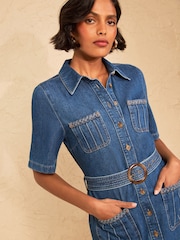 Love & Roses Mid Blue Denim Belted Utility Style Short Sleeve Dress - Image 2 of 4