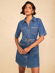 Love & Roses Mid Blue Denim Belted Utility Style Short Sleeve Dress - Image 3 of 4
