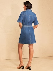 Love & Roses Mid Blue Denim Belted Utility Style Short Sleeve Dress - Image 4 of 4