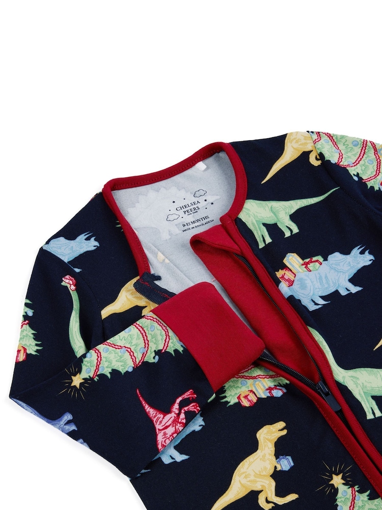 Chelsea Peers Blue Christmas Dinosaur Print Pyjamas - Image 2 of 3 Chelsea Peers Blue Christmas Dinosaur Print Pyjamas - Image 2 of 3