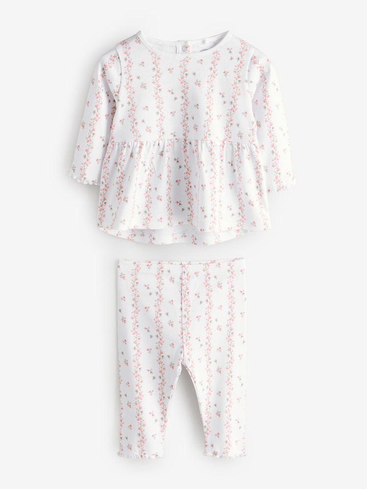 White Long Sleeve Ditsy Print Dress And Leggings Set - Image 1 of 1