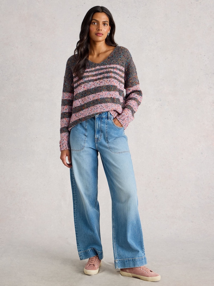 White Stuff Grey Textured Stripe V-Neck Jumper - Image 1 of 6