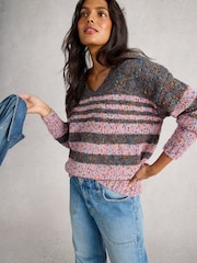 White Stuff Grey Textured Stripe V-Neck Jumper - Image 3 of 6