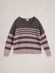 White Stuff Grey Textured Stripe V-Neck Jumper - Image 6 of 6