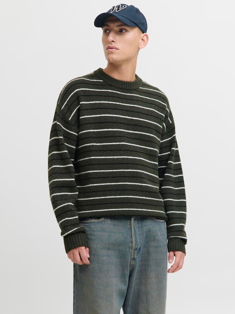 JACK & JONES Green Stripe Knit Crew Neck Jumper - Image 2 of 5 JACK & JONES Green Stripe Knit Crew Neck Jumper - Image 2 of 5