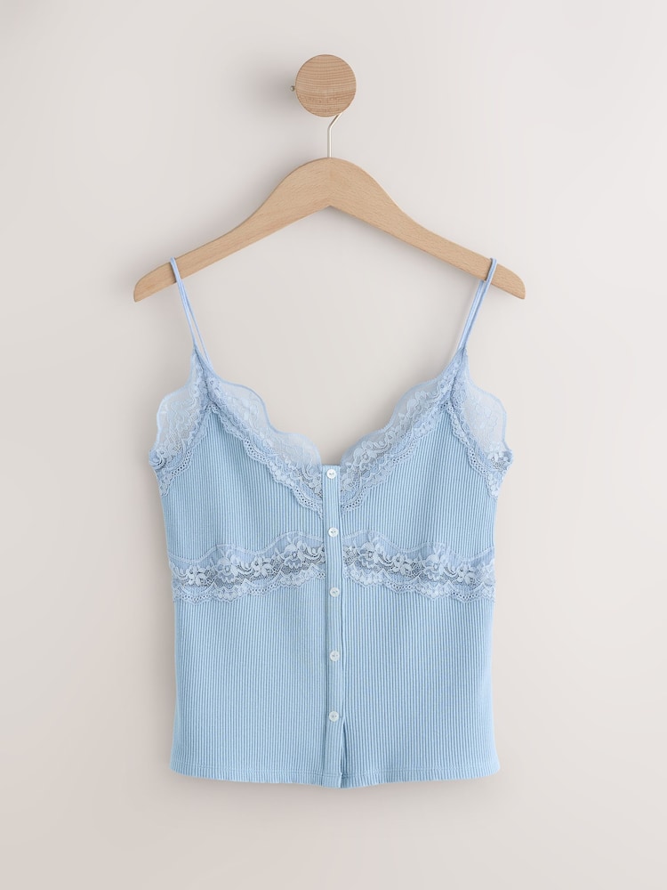 Blue V-Neck Ribbed Lace Trim Vest - Image 1 of 3 Blue V-Neck Ribbed Lace Trim Vest - Image 1 of 3