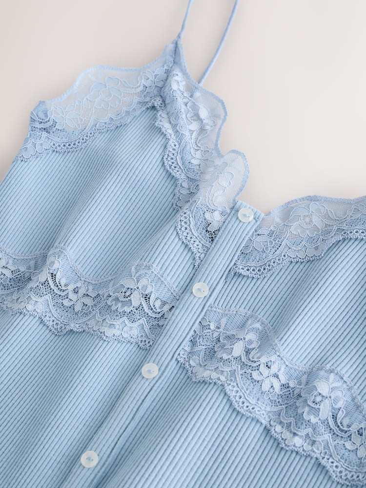 Blue V-Neck Ribbed Lace Trim Vest - Image 3 of 3 Blue V-Neck Ribbed Lace Trim Vest - Image 3 of 3