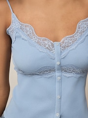 Blue V-Neck Ribbed Lace Trim Vest - Image 4 of 7