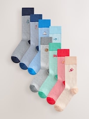 Blue/Grey/Neutral Stripe Fish Fun Embroidered Socks 8 Pack - Image 1 of 12
