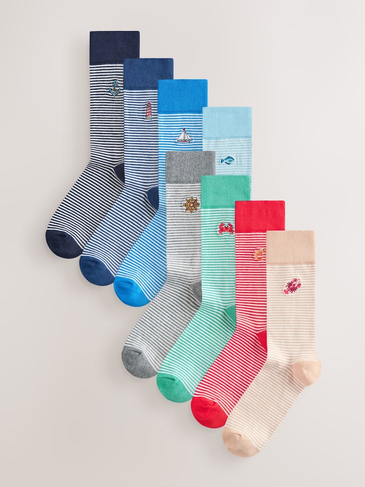 Blue/Grey/Neutral Stripe Fish Fun Embroidered Socks 8 Pack - Image 1 of 12