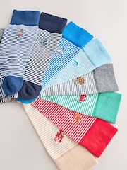 Blue/Grey/Neutral Stripe Fish Fun Embroidered Socks 8 Pack - Image 11 of 12