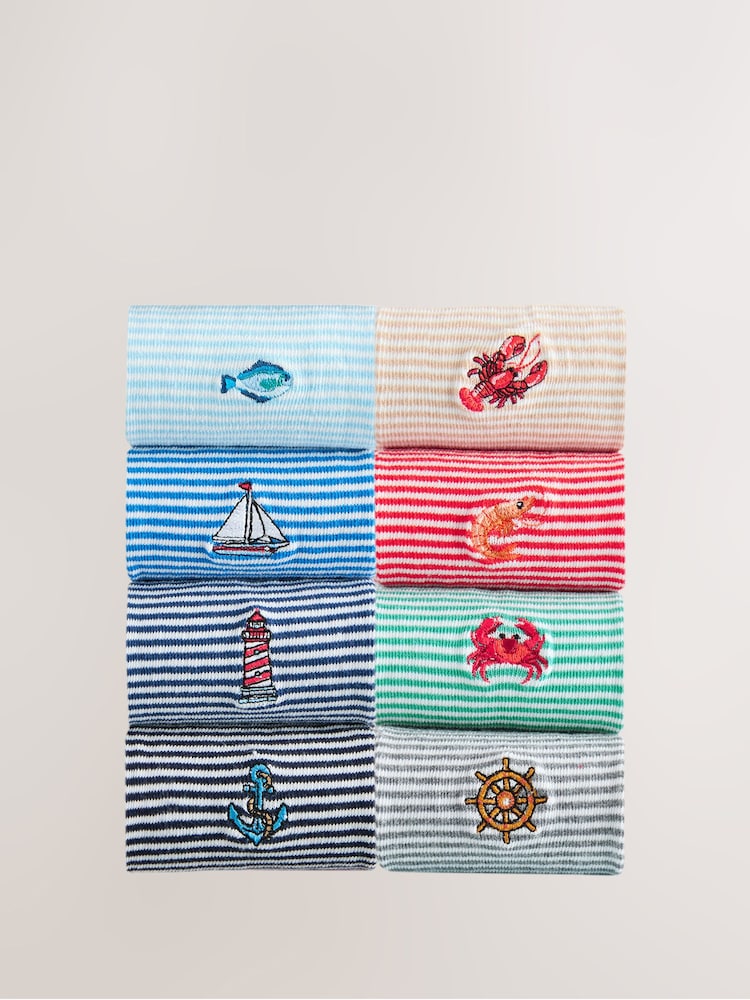 Blue/Grey/Neutral Stripe Fish Fun Embroidered Socks 8 Pack - Image 2 of 12