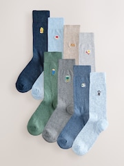 Blue/Grey Marl Breakfast Fun Embroidered Socks 8 Pack - Image 1 of 12
