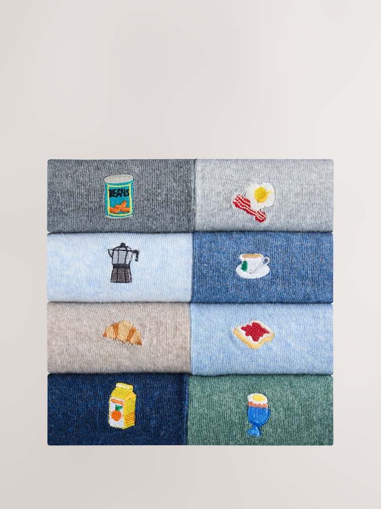 Blue/Grey Marl Breakfast Fun Embroidered Socks 8 Pack - Image 2 of 12