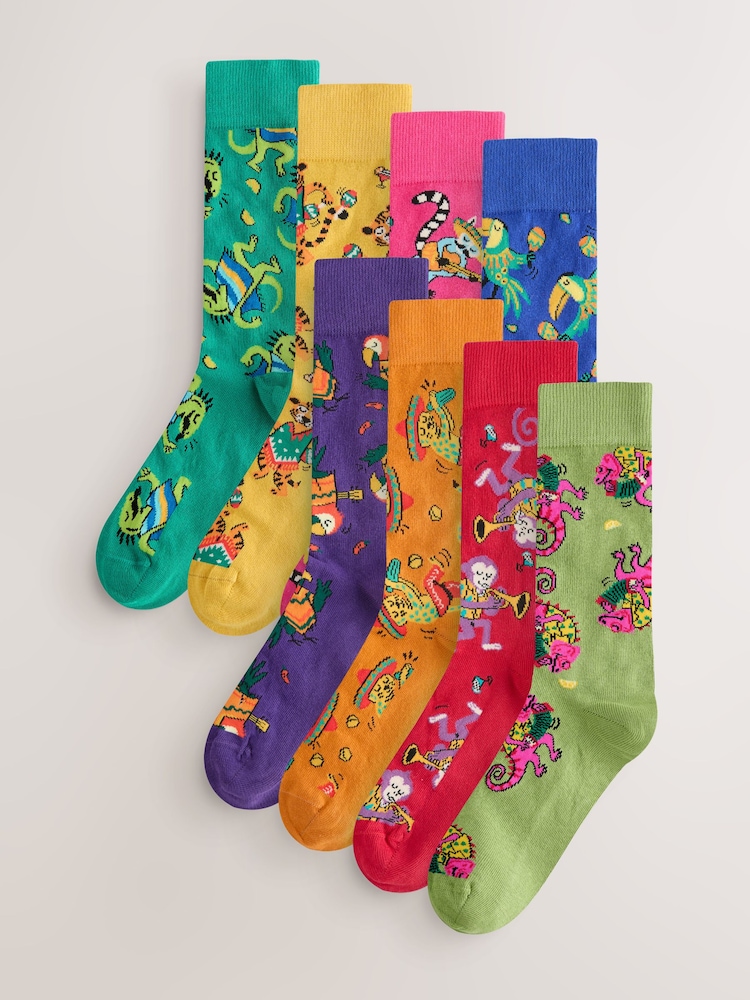 Blue/Green/Red Animal Pattern Socks 8 Pack - Image 1 of 11