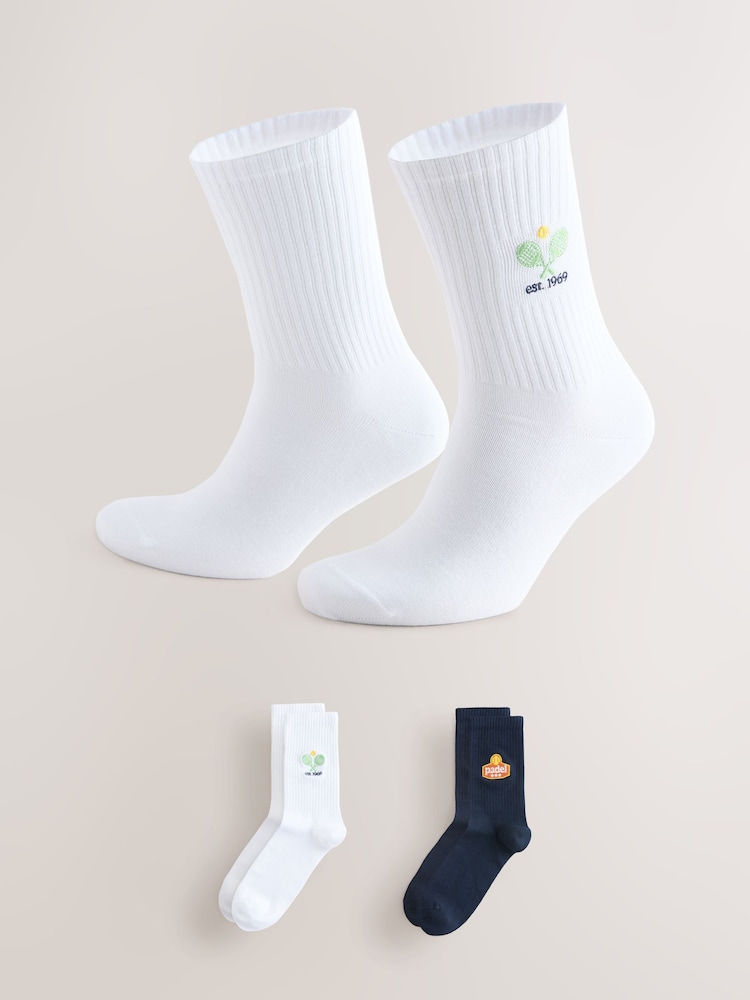 White/Blue Padel Embroidered Sports Socks 2 Pack - Image 1 of 7