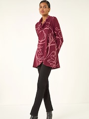 Roman Red Printed Cowl Neck Stretch Tunic Top - Image 1 of 5