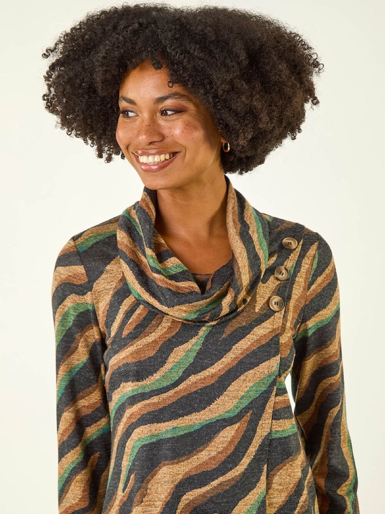 Roman Brown Abstract Print Cowl Neck Stretch Tunic Top - Image 1 of 5 Roman Brown Abstract Print Cowl Neck Stretch Tunic Top - Image 1 of 5