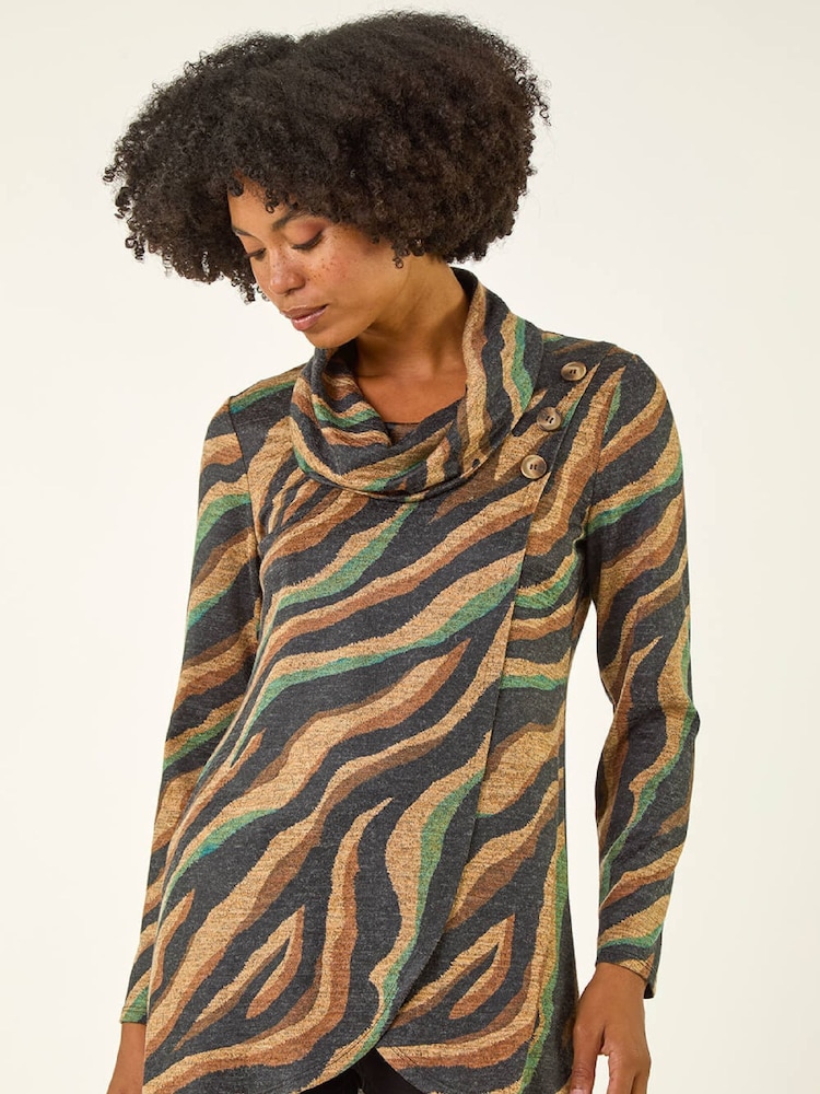 Roman Brown Abstract Print Cowl Neck Stretch Tunic Top - Image 2 of 5 Roman Brown Abstract Print Cowl Neck Stretch Tunic Top - Image 2 of 5