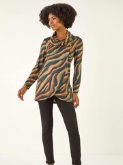Roman Brown Abstract Print Cowl Neck Stretch Tunic Top - Image 3 of 5