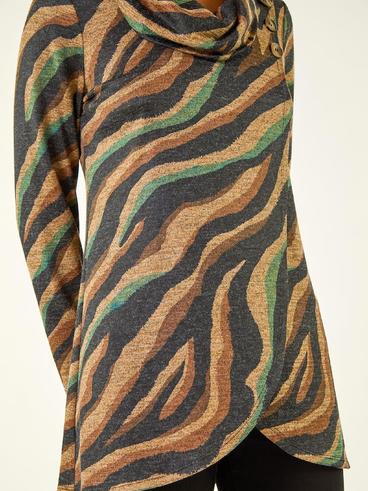 Roman Brown Abstract Print Cowl Neck Stretch Tunic Top - Image 5 of 5